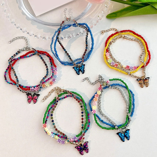 Multi-Layer Handmade Beaded Butterfly Dangle Floral Anklet Crystal Jewellery