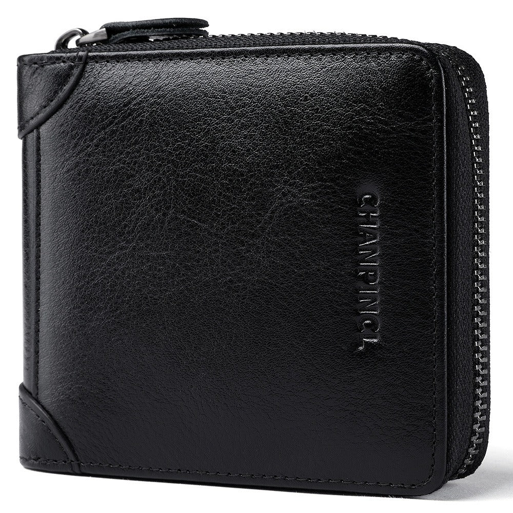 Men's Genuine Leather Zip Wallet Multi-Function Horizontal Style RFID Blocking