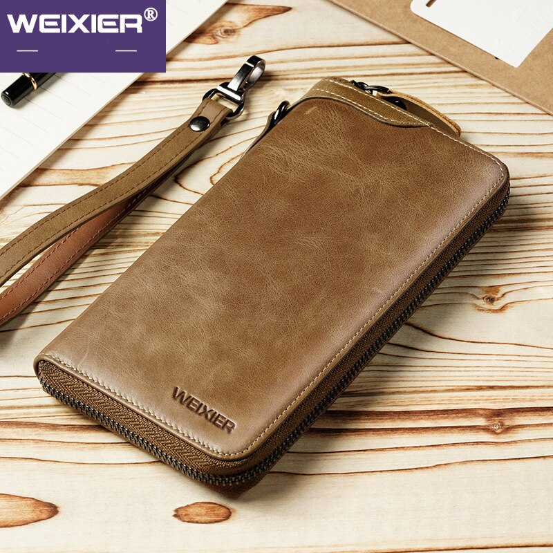 Men's Vintage Long Style Split Leather Wallet Multiple Card Slots Secure Zip Closure