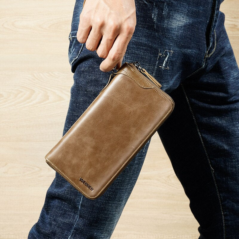Men's Vintage Long Style Split Leather Wallet Multiple Card Slots Secure Zip Closure