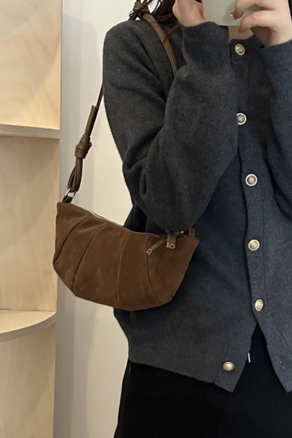 Suede Croissant Shoulder Bag Small Velvet Polyester Zip Strap Handbag 25.5cm