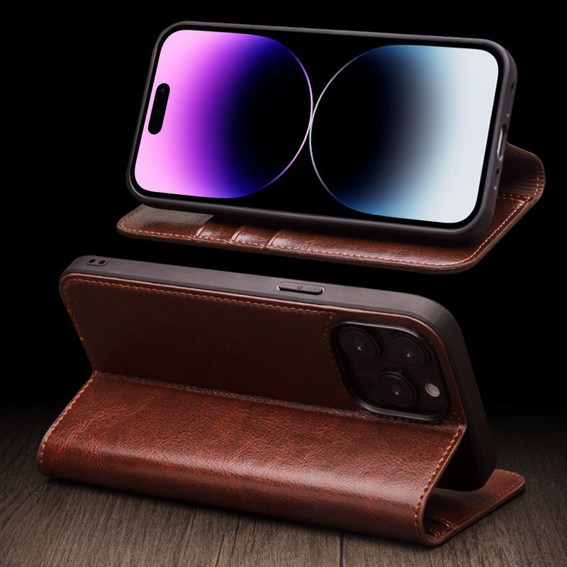 Genuine Leather Flip Card Case Fits iPhone 16 15 14 13 12 11 Pro Max Shockproof