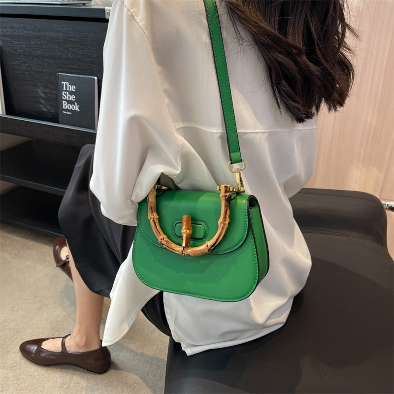 Bamboo Handle Women's Shoulder Handbag Retro Saddle Bag Green Pink