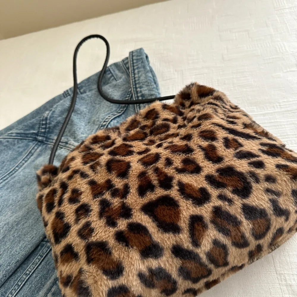 Leopard Print Shoulder Bag Furry Crossbody Spacious Lightweight Stylish Accessory