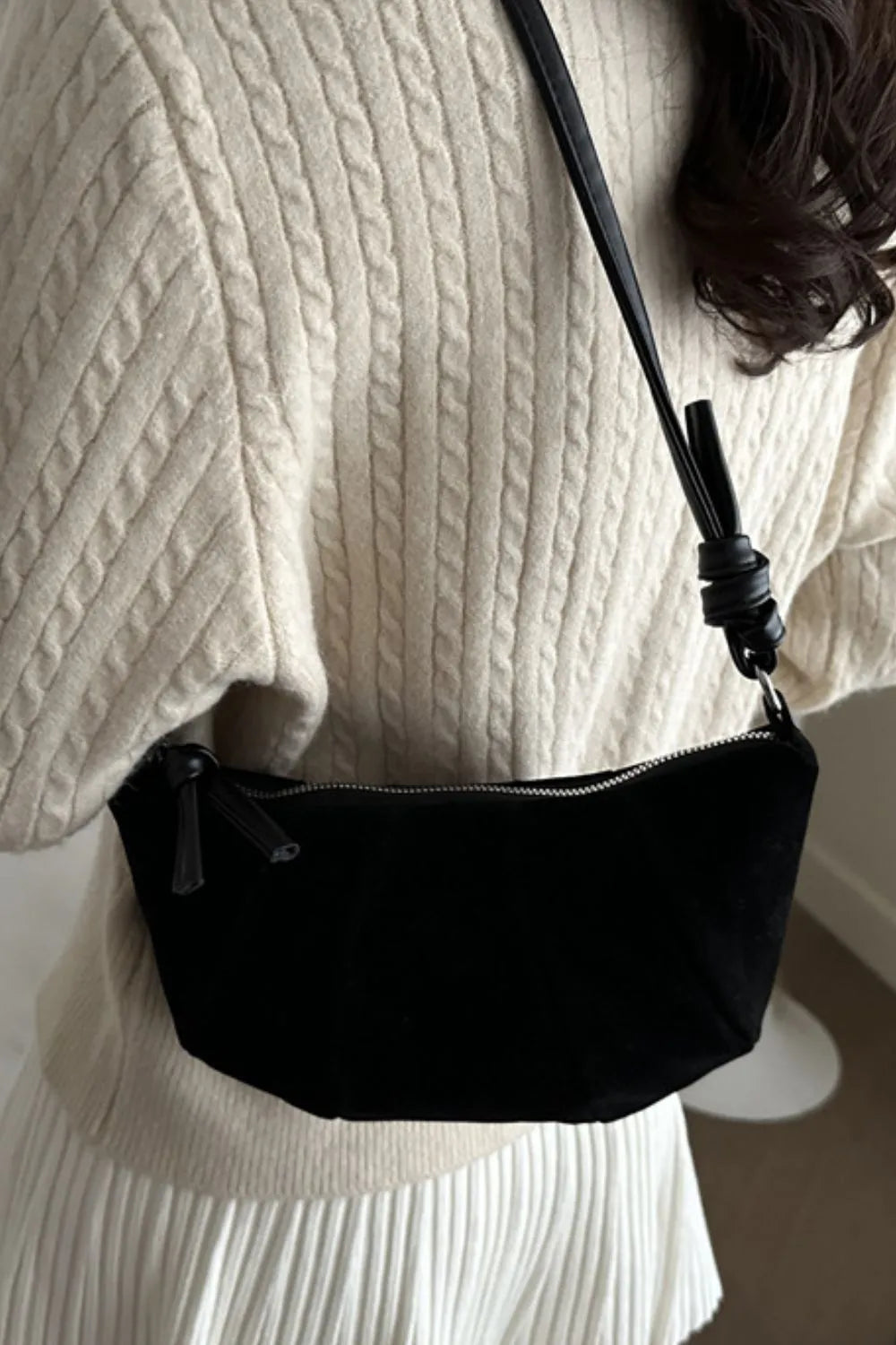 Suede Croissant Shoulder Bag Small Velvet Polyester Zip Strap Handbag 25.5cm