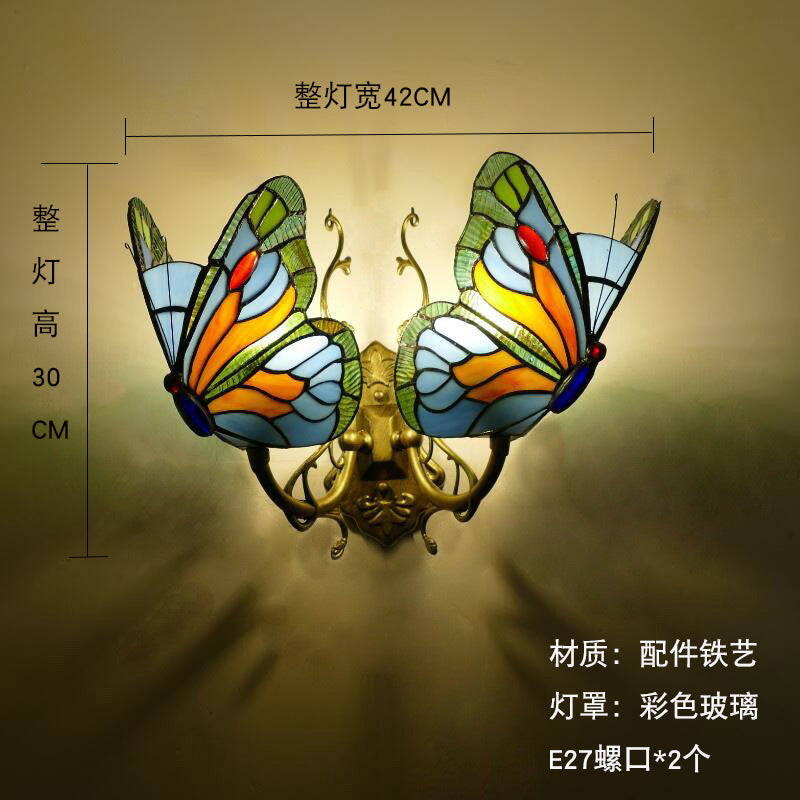 Home Butterfly LED Wall Lamp Stained Glass European Countryside Style Lighting