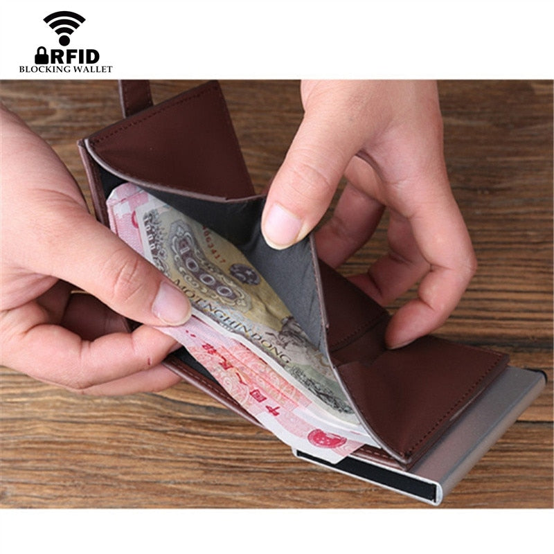 Genuine Leather RFID Card Holder Wallet for Men and Women with Metal Card Case
