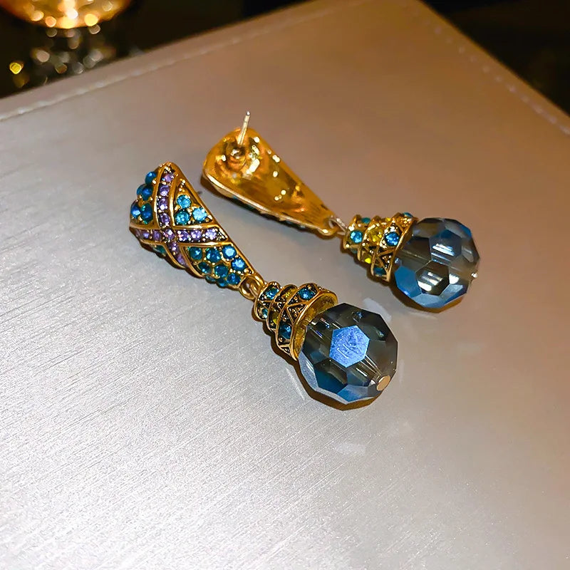 Vintage-Inspired Crystal Drop Earrings Geometric Blue Stone Dangle