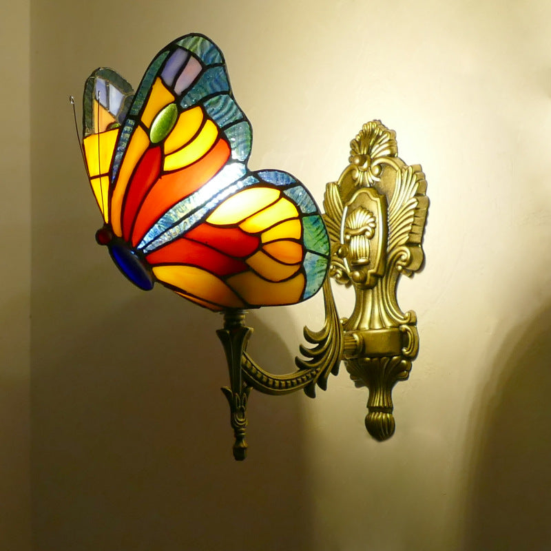 Home Butterfly LED Wall Lamp Stained Glass European Countryside Style Lighting