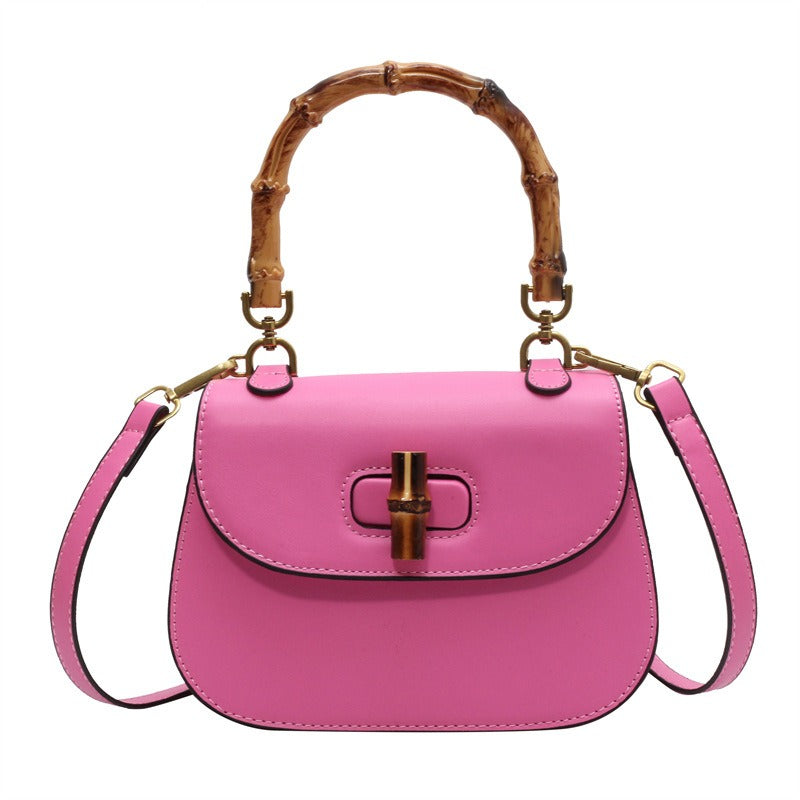 Bamboo Handle Women's Shoulder Handbag Retro Saddle Bag Green Pink