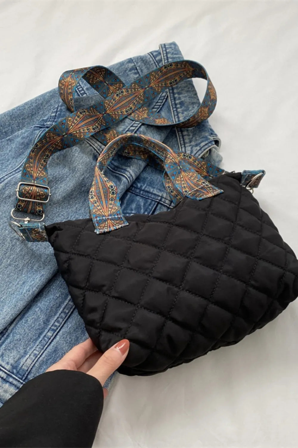Bubble Quilted Handbag Printed Strap Oxford Cloth Casual Shoulder Bag 34.5cm