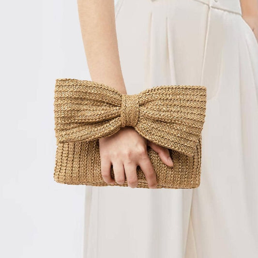 Women's Bow Woven Handbag Elegant Small Clutch Purse Zip Closure Fashion