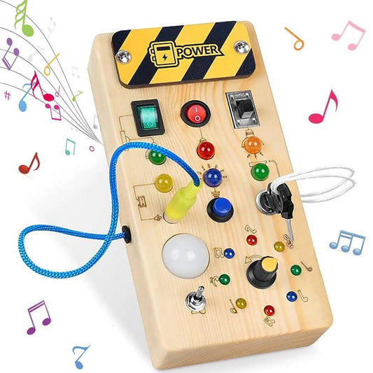Montessori Wooden LED Busy Board Sensory Toy with Switches for Kids 2-4 Years