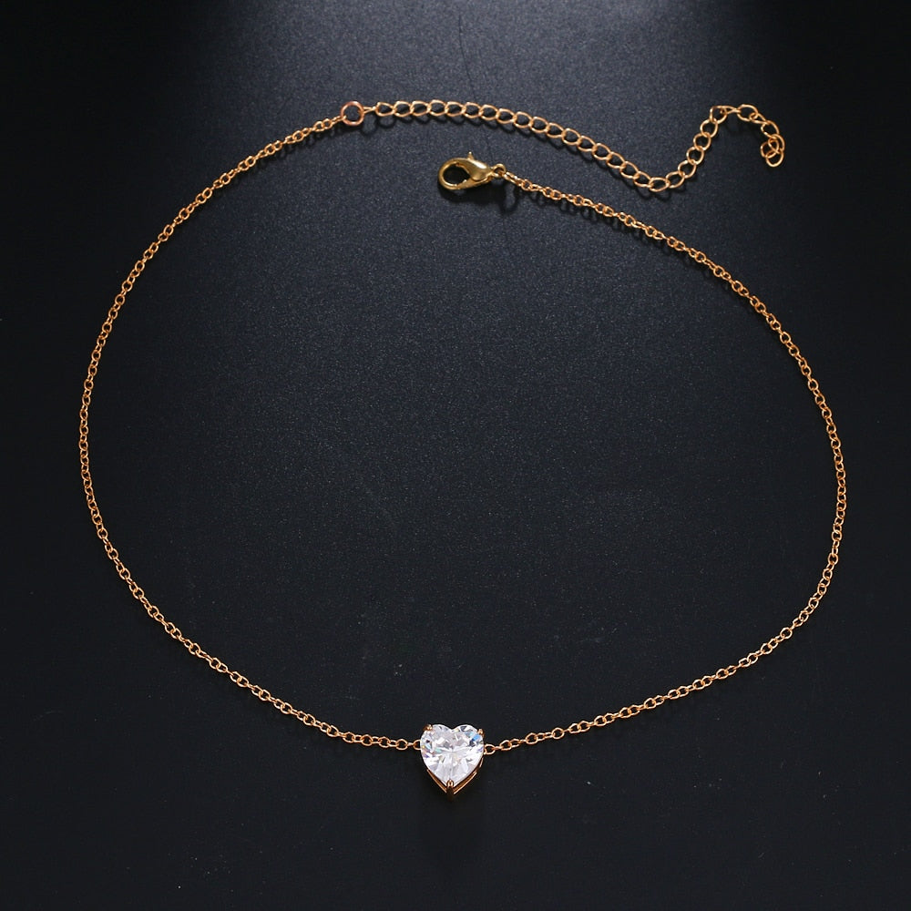Silver Gold Tone Crystal Heart Chain Choker Necklace