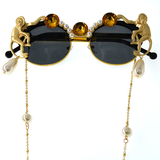 Women's Stylish Carved Monkey Pearl Crystal Sunglasses European Fashion Eyewear