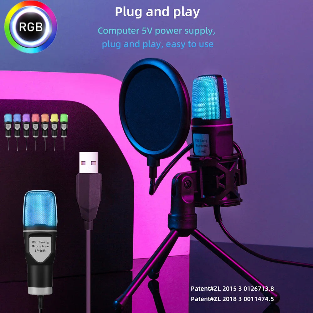 USB Gaming Microphone RGB Condenser Mic Shock Mount Podcast Recording