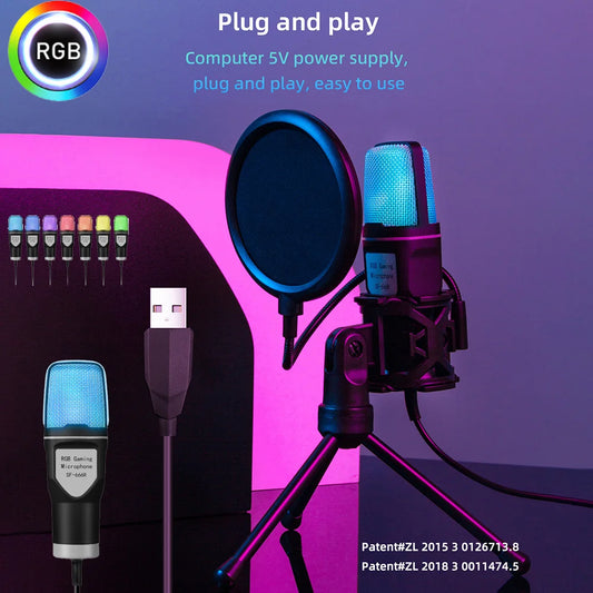 USB Gaming Microphone RGB Condenser Mic Shock Mount Podcast Recording