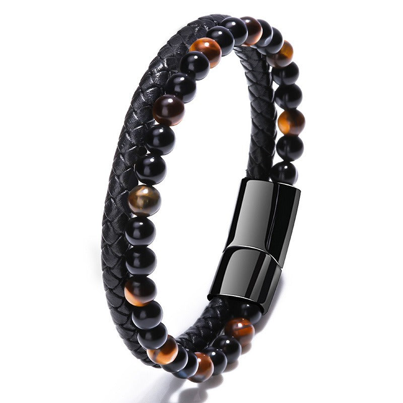 Volcanic Natural Stone Tiger Eye Beaded Bracelet Male Cowhide Rope Agate Handwear