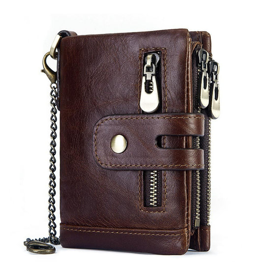 Men's Genuine Leather Wallet Bifold RFID Blocking Card Holder Chain