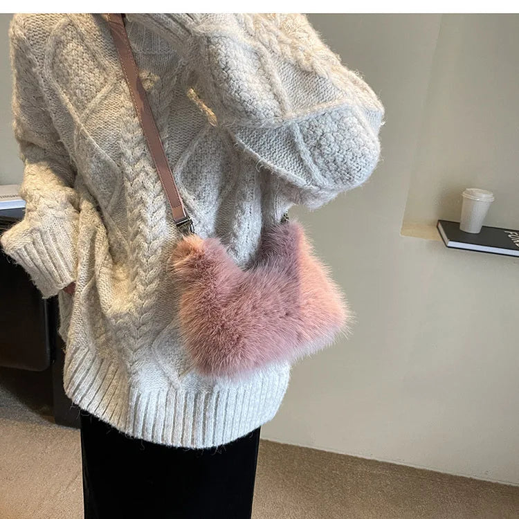 Luxury Women's Plush Handbag Trendy Small Crossbody Tote for Winter