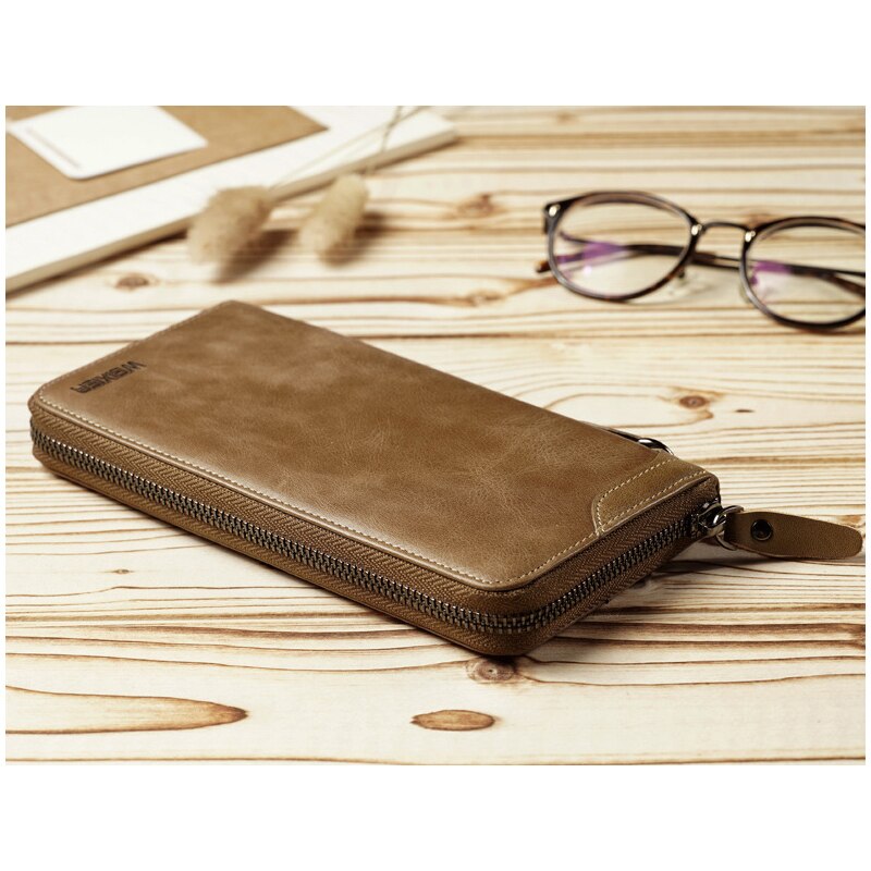 Men's Vintage Long Style Split Leather Wallet Multiple Card Slots Secure Zip Closure