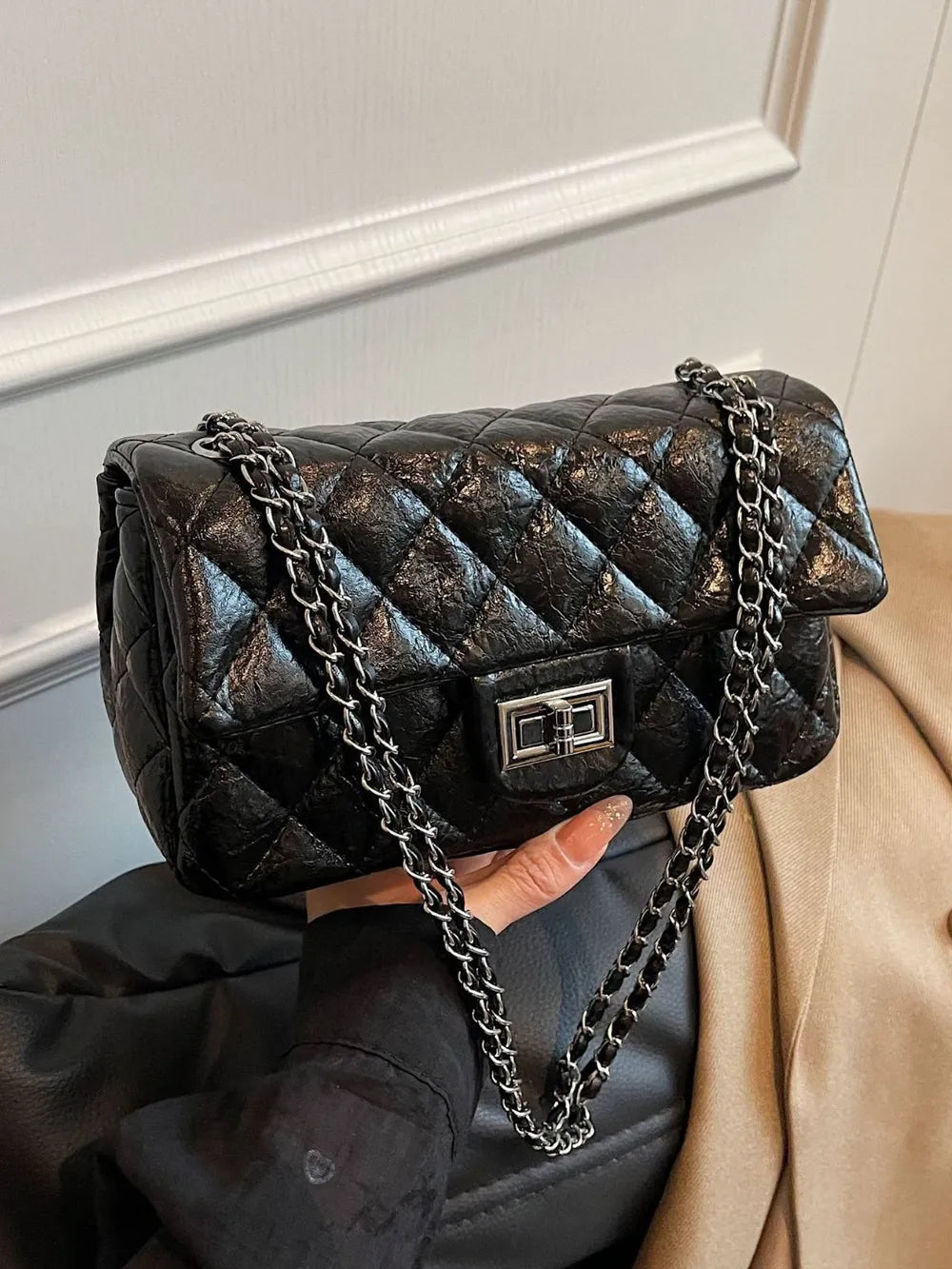 Synthetic Leather Rhombus Pattern Twist Lock Crossbody Shoulder Bag Women's Fashion