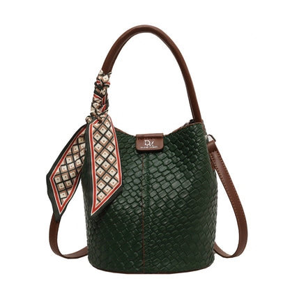 Medium Woven Bucket Shoulder Bag Durable PU Leather Stylish Storage Accessory