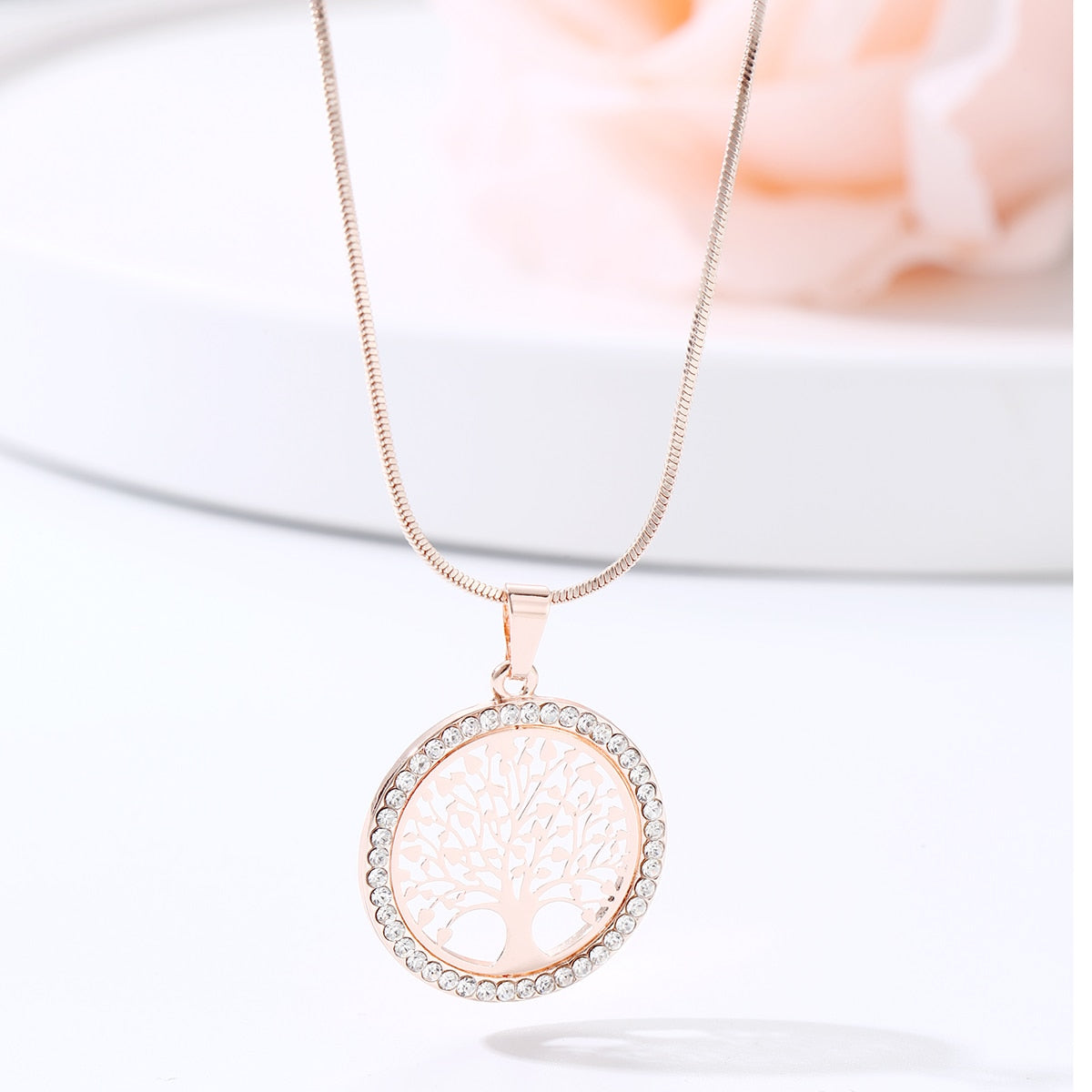 Silver Gold Rose Tree of Life Crystal Pendant Chain Necklace Gift Jewellery