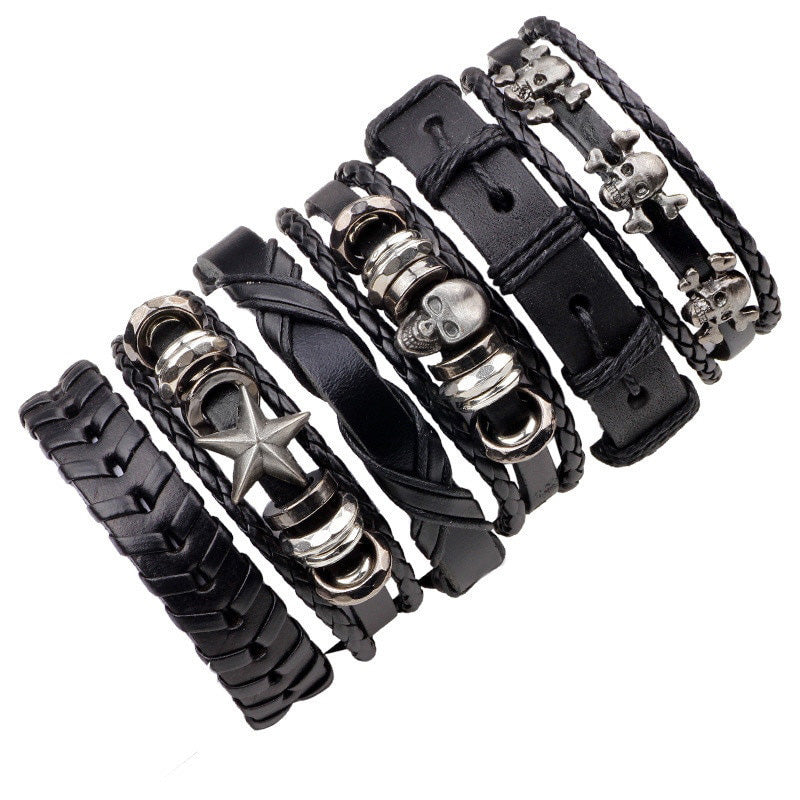 6 Pack Genuine Leather Black Bracelet Skull Starfish Set Men Women