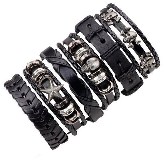 6 Pack Genuine Leather Black Bracelet Skull Starfish Set Men Women