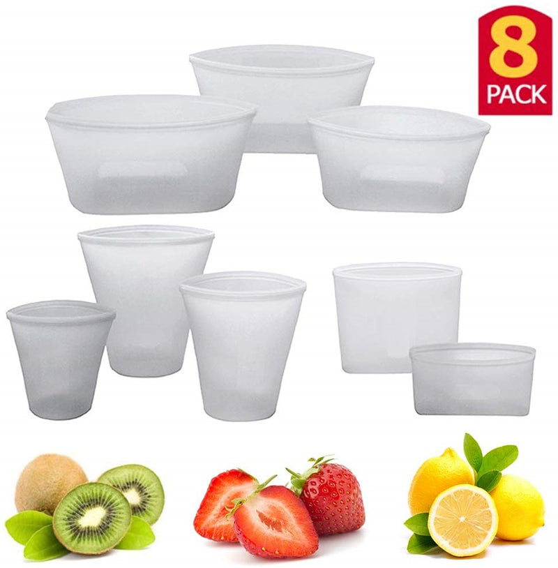 Silicone Reusable Food Storage Containers Set Zip Seal Cups Bowls S M L 8 Pack
