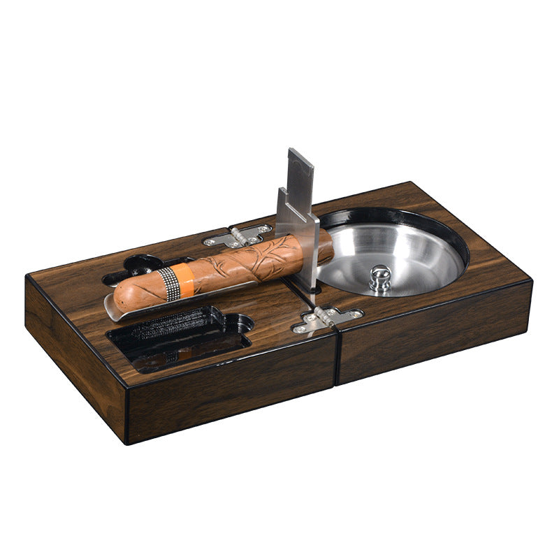 Walnut Wood Cigar Ashtray Set with Cutter Holder Drill Ashtray Compact Design Gift