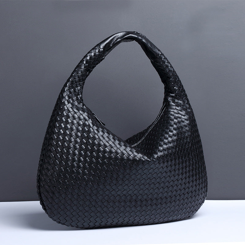 Large Women's Crescent Woven Handbag Zip Closure Daily Use Bag