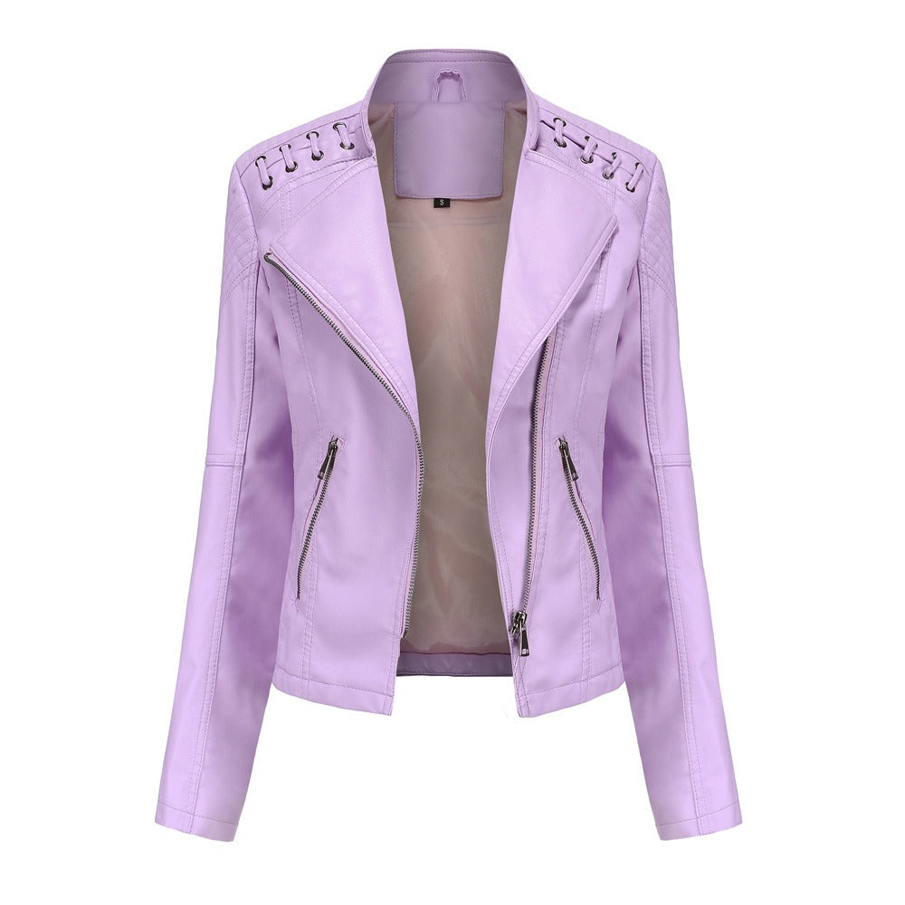 Women's Faux Leather Motorcycle Jacket Slim Fit Short Style Casual Lightweight Coat