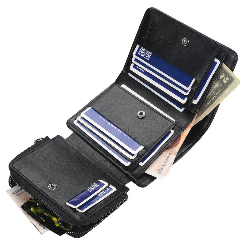 Men's Slim Leather Wallet Three-Fold Multi-Card Secure Zip Pocket RFID Blocking