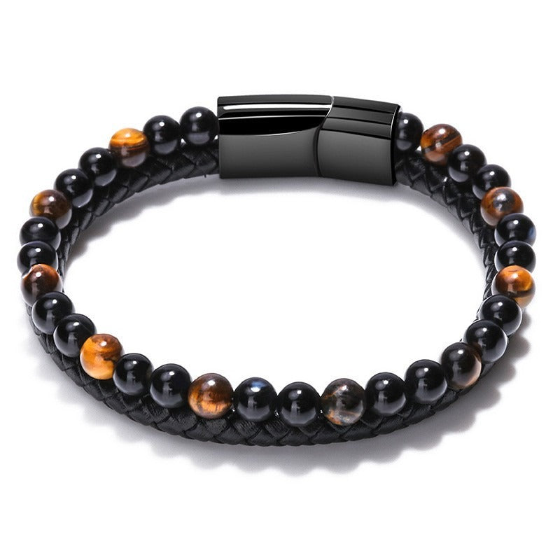 Volcanic Natural Stone Tiger Eye Beaded Bracelet Male Cowhide Rope Agate Handwear