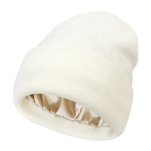 Satin Lined Beanie Hat for Women & Men, Warm Winter Cap, Silk-Lined Knit