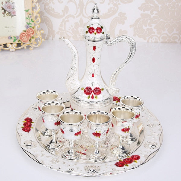 Retro Palace Wine Set Zinc Alloy Gold and Silver Plated 8-Piece Gift Set with Tray
