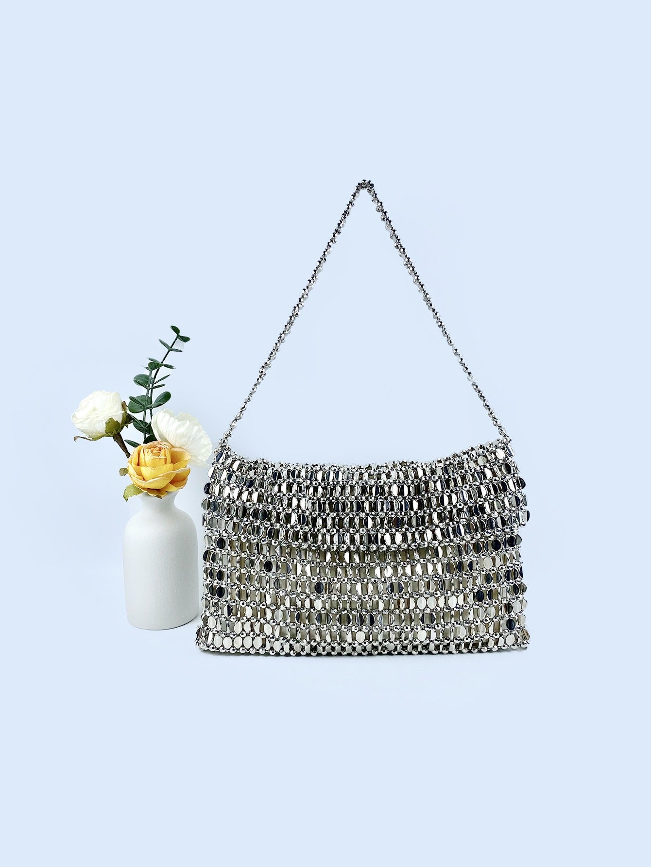 Retro Metal Sequin Handbag Women's Shoulder Bag Silver Urban Casual Style