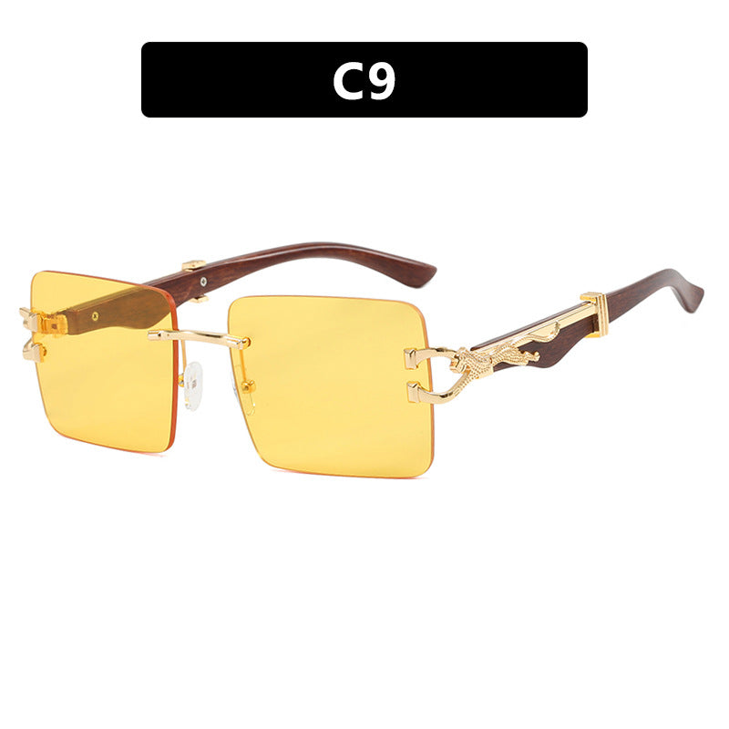 Women's Wooden Frameless Square UV400 Sunglasses Slim Leopard Print Protection