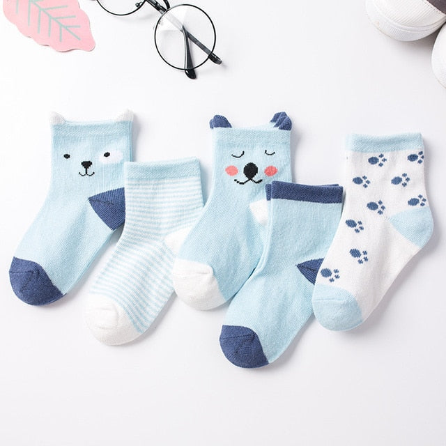 Kids Autumn Winter Cotton Socks 5 Pack Striped Cartoon Soft Warm Cosy Selection
