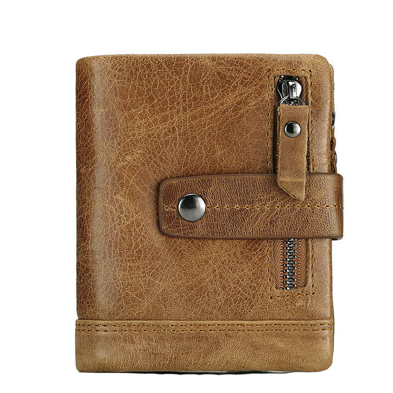 Men's Leather Wallet Multi-Card Zipper Buckle Cowhide Coin Purse Compact Design