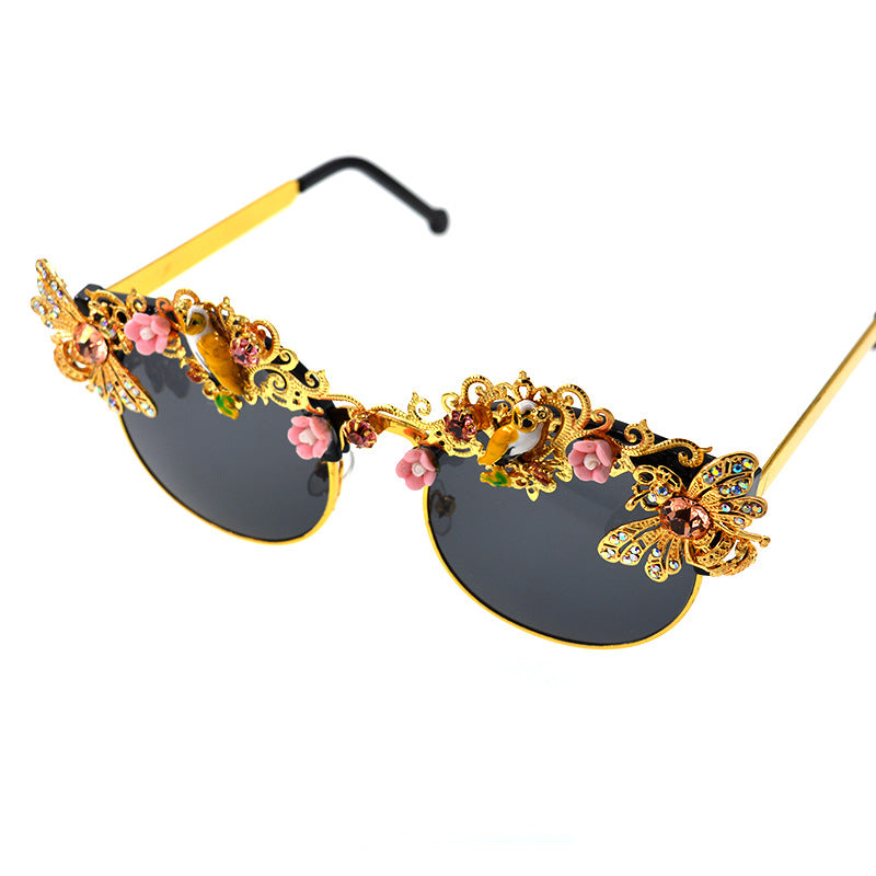 Women's Floral Diamond Inlaid Metal Frame Sunglasses UV Protection Stylish Eyewear