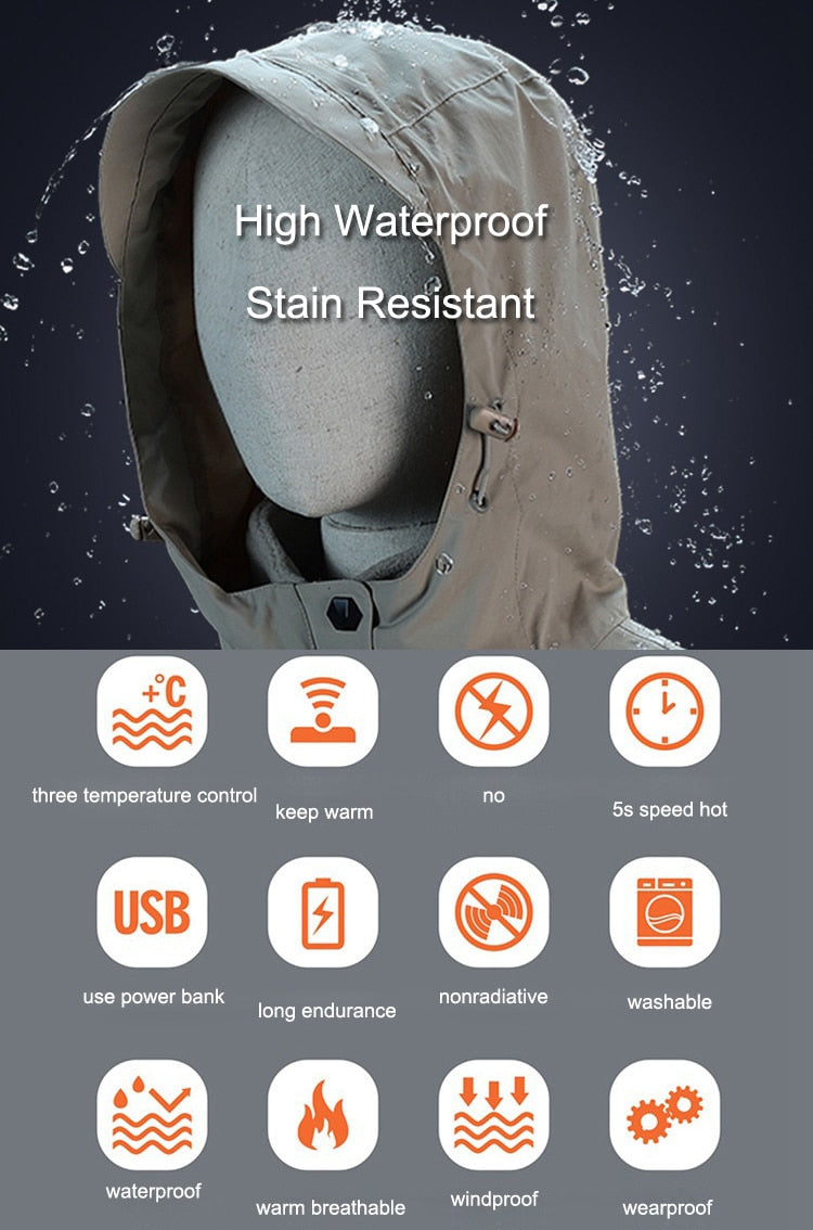 USB Heated Outdoor Jacket Windproof Waterproof Thermal Ski Camping Coat