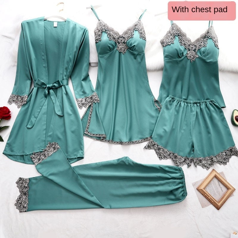 Women's 5-Piece Silk Pajama Set Elegant Lace Trim Sleepwear Nightwear Robe Lounge