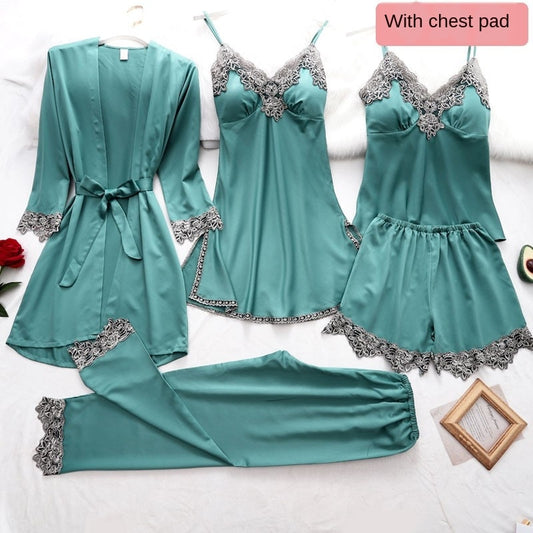 Women's 5-Piece Silk Pajama Set Elegant Lace Trim Sleepwear Nightwear Robe Lounge