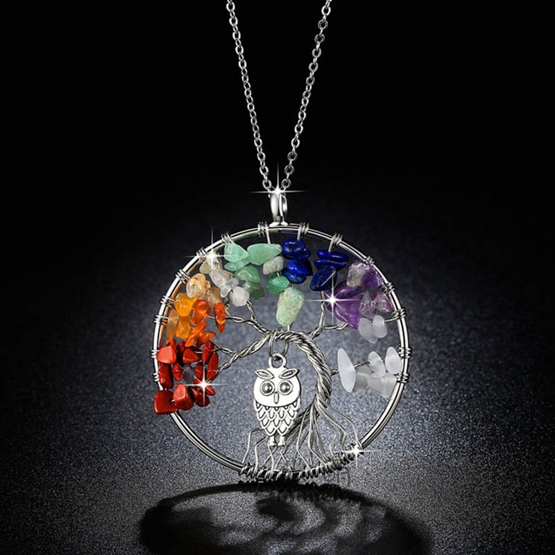 5CM Tree of Life Crystal Natural Stone Owl Dangle Pendant Necklace Gift Jewellery