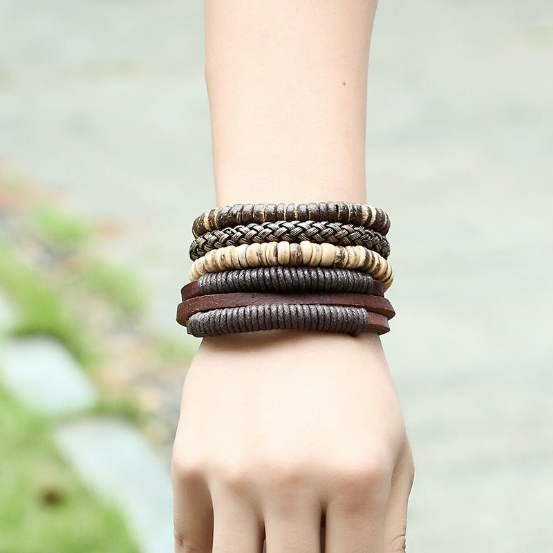 Men's Retro Cowhide Coconut Shell Wooden Bead Bracelet Set Adjustable Woven