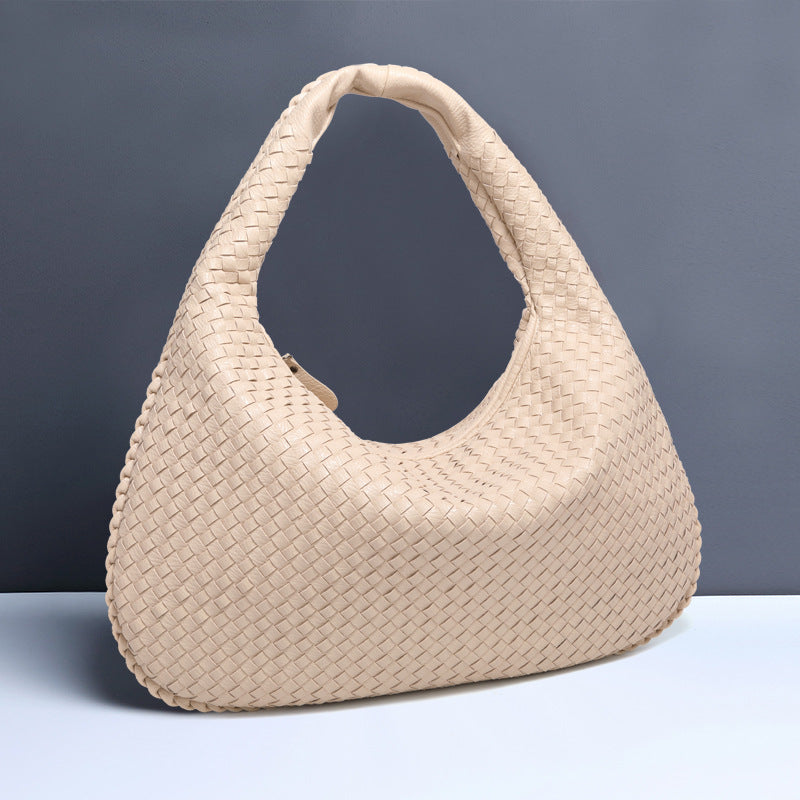 Large Women's Crescent Woven Handbag Zip Closure Daily Use Bag