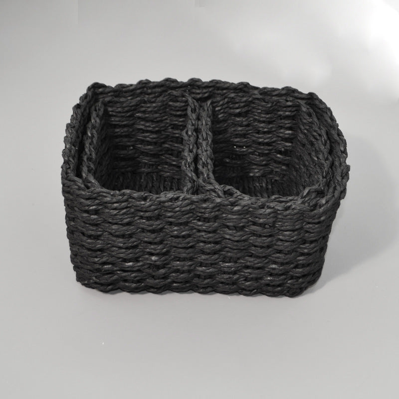 3 Piece Straw Woven Paper Rope Storage Baskets Rectangular Two Compartment Set